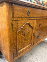 Load image into Gallery viewer, Carved Oak Sideboard w/ Mirrored Backplate