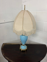 Load image into Gallery viewer, Art Deco Blue Ceramic & Brass Table Lamp w/ Fringed Shade