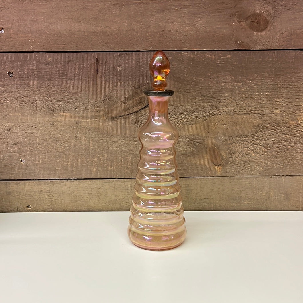 Hand blown, iridescent, rose decanter