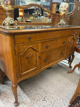 Load image into Gallery viewer, Carved Oak Sideboard w/ Mirrored Backplate
