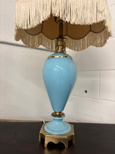 Load image into Gallery viewer, Art Deco Blue Ceramic &amp; Brass Table Lamp w/ Fringed Shade
