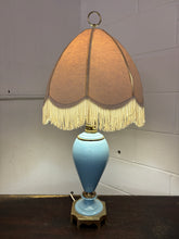 Load image into Gallery viewer, Art Deco Blue Ceramic &amp; Brass Table Lamp w/ Fringed Shade
