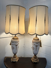 Load image into Gallery viewer, Pair of Ornate Hollywood Regency Porcelain &amp; Metal Table Lamps

