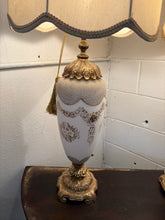 Load image into Gallery viewer, Pair of Ornate Hollywood Regency Porcelain &amp; Metal Table Lamps
