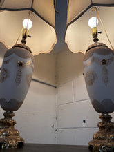 Load image into Gallery viewer, Pair of Ornate Hollywood Regency Porcelain &amp; Metal Table Lamps
